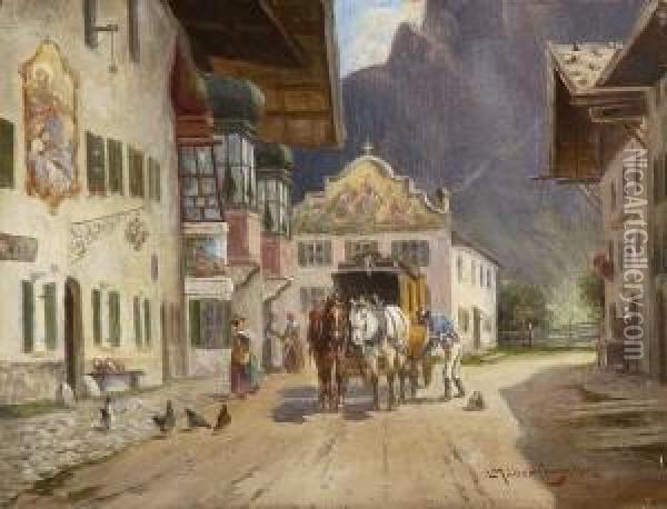Halt Der Postkutsche Vor Dem
 Gasthaus. Oil Painting - Ludwig Muller-Cornelius