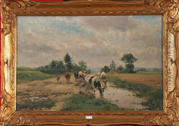 Vachere Et Son Troupeau A La Mare Oil Painting - Jules Montigny