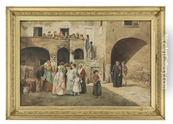 Christening In The Courtyard Oil Painting - Pasquale Ruggiero