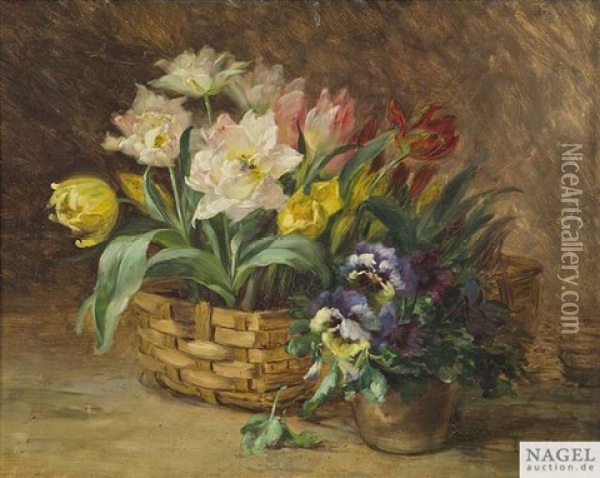Stilleben Mit Stiefmutterchen Und Tulpen Oil Painting - Louis Letsch