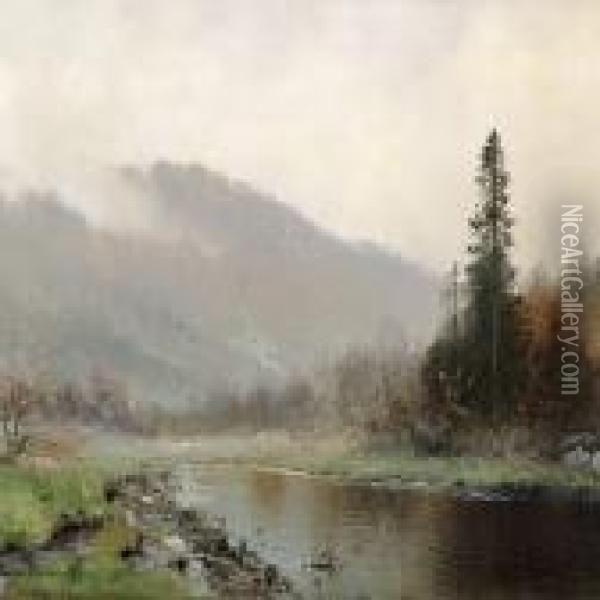 Scandinavian River Landscape Oil Painting - Ludvig Skramstad