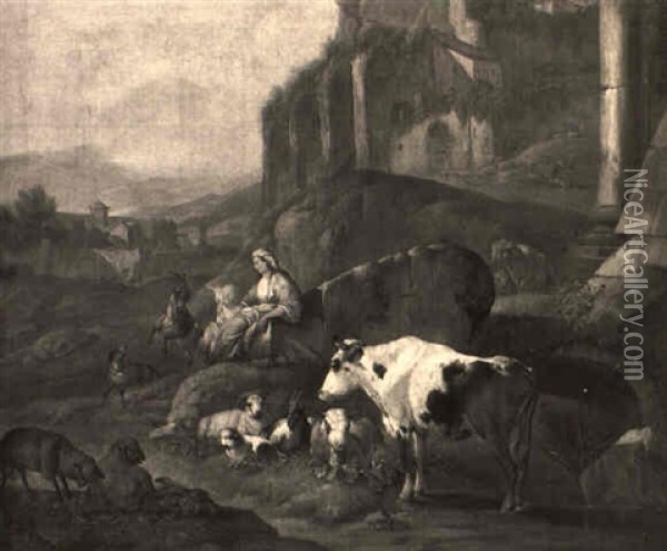 A Horse, Cattle And Sheep Near A Classical Tomb In A Meadow With A Shepherd Oil Painting - Johann Heinrich Roos