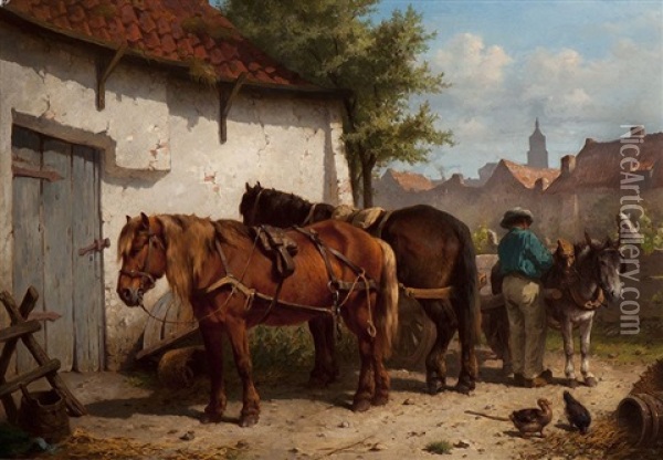 Two Horses And A Donkey Being Put To A Cart Oil Painting - Wouter Verschuur the Younger
