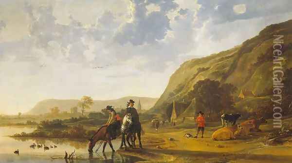 River Landscape With Riders Oil Painting - Aelbert Cuyp