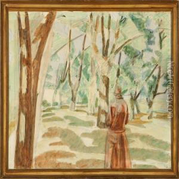 Strolling Woman In The Forest Of Nyso Manor Oil Painting - Niels Larsen Stevns