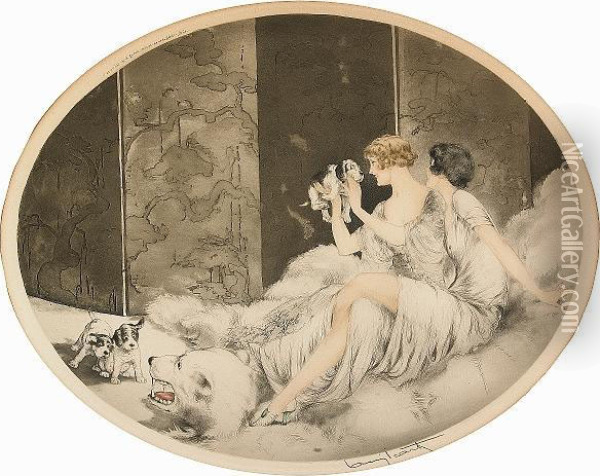 Puppies Oil Painting - Louis Icart