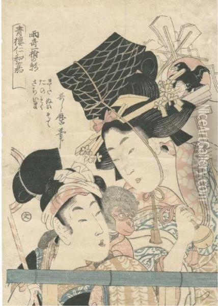 Depicting Two Women With A Monkey Oil Painting - Kitagawa Utamaro