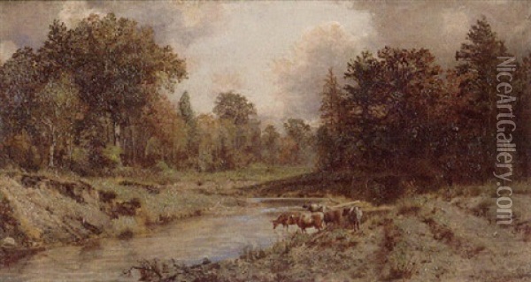 Cattle Drinking From A Stream Oil Painting - Thomas Mower Martin