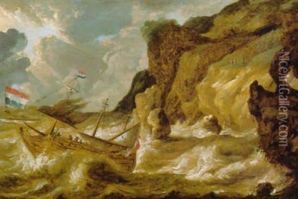 A Man-o'-war Foundering In A Storm Off A Rocky Coastline Oil Painting - Bonaventura Peeters the Younger