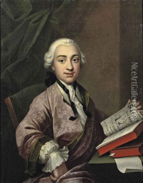 Portrait Of A Young Man In An Embroidered Pink And Green Robe And A Lace Cravat, Holding A Volumn Of Raberner's Satires Oil Painting - Johann Georg Ziesenis