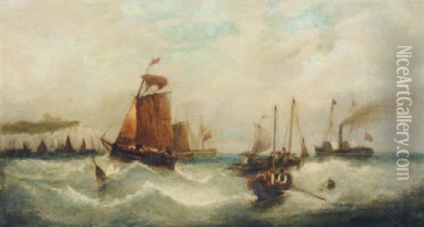 Vessels Off The Coast In Choppy Waters Oil Painting - Edwin Hayes