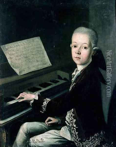 Portrait of Carl Graf Firmian at the piano formerly thought to be Wolfgang Amadeus Mozart 1756-91 Oil Painting - Franz Thaddaus Helbling