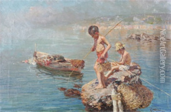 Metande Pojkar I Neapelbukten Oil Painting - Giuseppe Giardiello