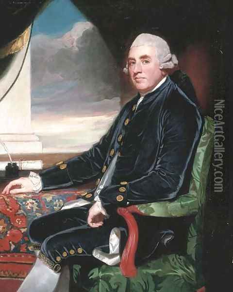 Portrait of Barry Maxwell, 1st Earl Farnham, seated three-quarter- length, wearing a blue velvet suit with gold buttons and white lace cuffs Oil Painting - George Romney