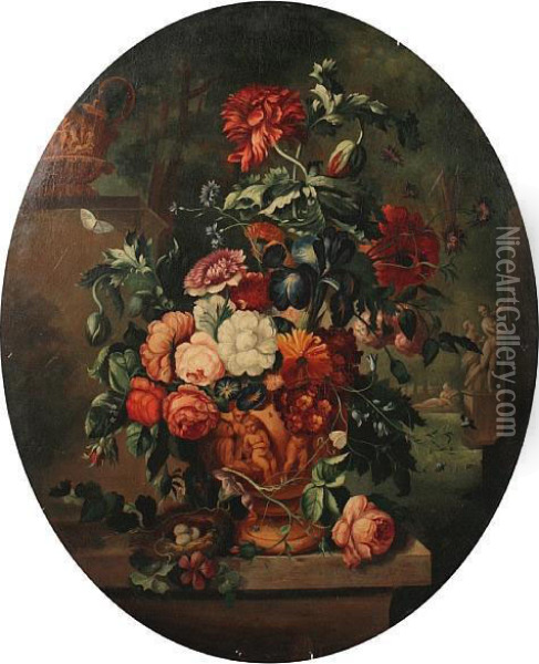 Still Life Of Flowers In A Classical Urn Oil Painting - Jan Van Huysum