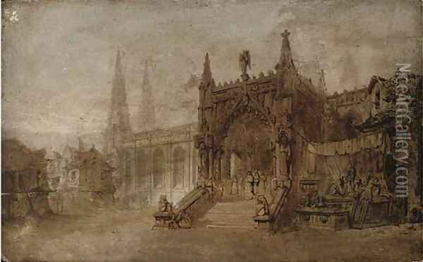 Figures leaving a cathedral Oil Painting - David Roberts