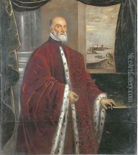 Portrait of a Venetian Senator, three-quarter-length, in robes of office, by a green curtain with a Venetian landscape beyond Oil Painting - Domenico Tintoretto