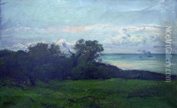 Trees On A Cliff, 
A Steamboat Offshore Oil Painting - Karl Pierre Daubigny
