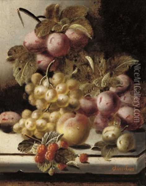 Plums, Grapes, A Peach And Raspberries On A Stone Ledge (+ Another; Pair) Oil Painting - Oliver Clare