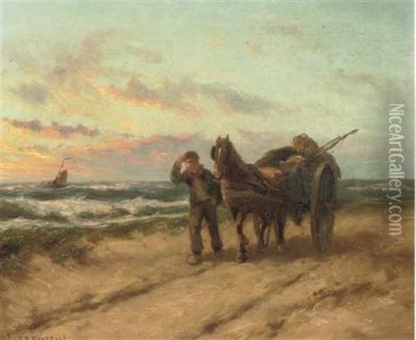 A Shellfisher On His Way Home Oil Painting - Johannes Hermanus Barend Koekkoek