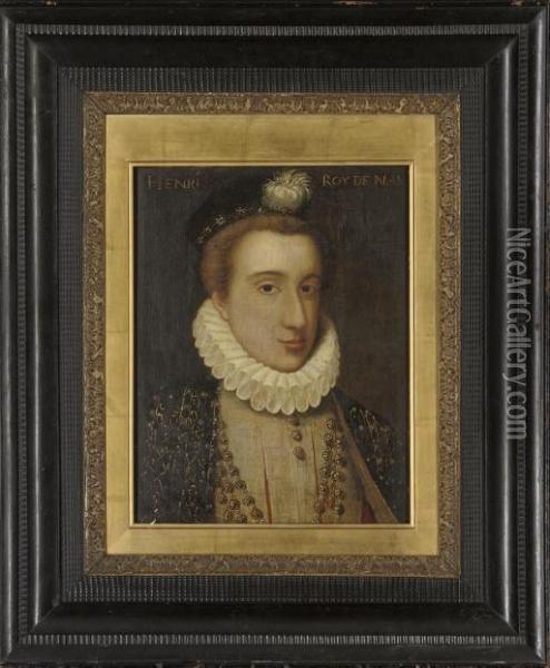 Portrait Of A Gentleman, Traditionally Identified As Henry Ii, King Of Navarre, Bust-length, In A Black And Gold Embroidered Coat And A White Ruff, With A Gold Necklace And A Black And Gold Embroidered Plumed Cap Oil Painting - Jean Clouet