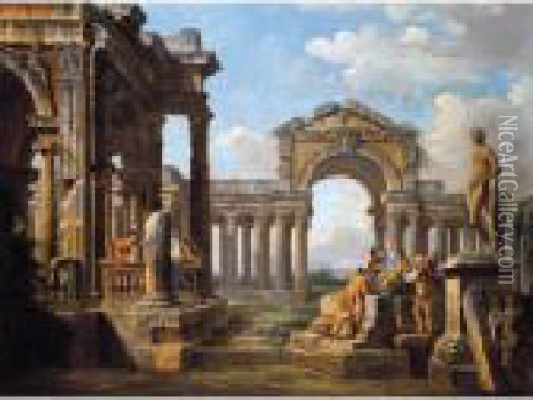 An Architectural Capriccio With A Philosopher And Soldiers Amongst Ancient Ruins Oil Painting - Giovanni Niccolo Servandoni