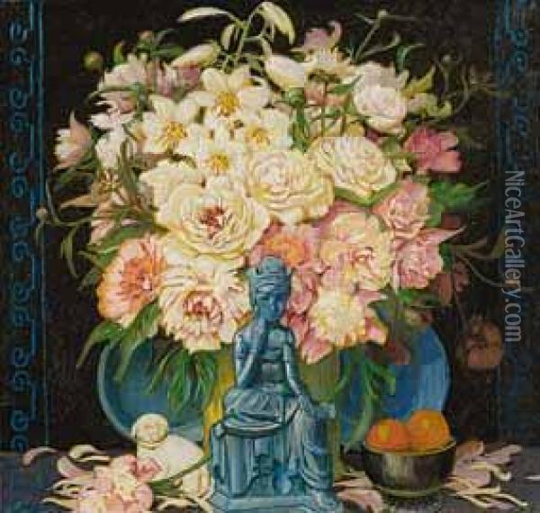 Buddha Vor Pfingstrosenstraus. Oil Painting - Erich Erler-Samaden