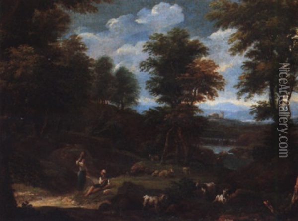 A Pastoral Landscape With A Shepherd Conversing With A Woman Carrying A Water Jar, Sheep And Goats Grazing Oil Painting - Pieter Rysbraeck