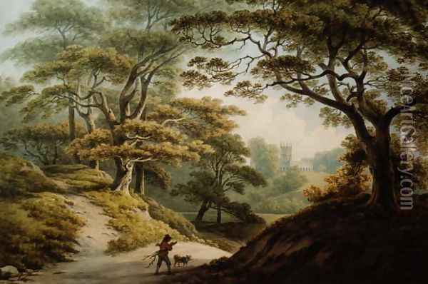 Auckland Castle, Co. Durham - View over the River Gauntless, with Bishop Cosins Chapel Oil Painting - John Warwick Smith