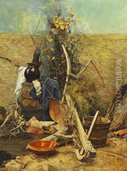 Garden Tools And Branches By A Wall Oil Painting - Anna Peters