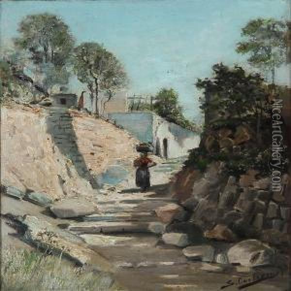 Summer Day In Italy With A Woman On A Road Oil Painting - Carl Schlichting-Carlsen