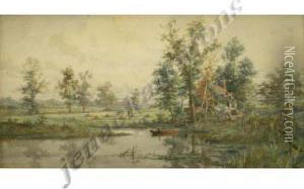 Panoramiclandscape With Farm Oil Painting - Adrien Aime Taunay