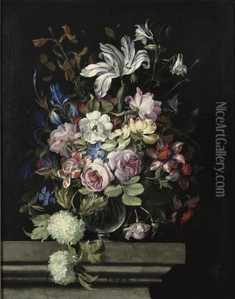 Roses, Irises, Lillies And Other Flowers In A Glass Vase On A Stone Ledge Oil Painting - Jan Peeter Brueghel