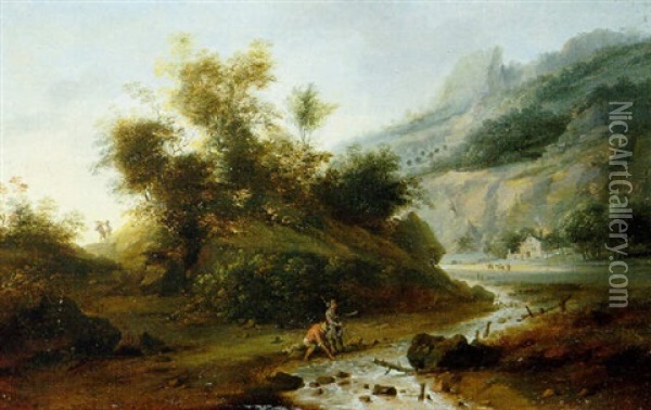 Travellers Resting By A Stream In A Mountainous Landscape Oil Painting - Franz de Paula Ferg