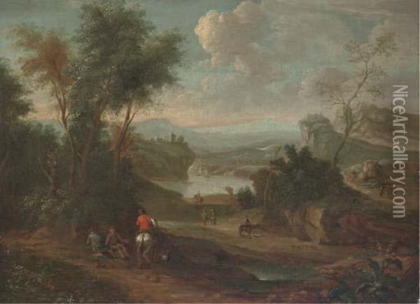 A Wooded River Landscape With A 
Figure On Horseback Conversing With Two Travellers Resting On A Track Oil Painting - Jan Wijnants
