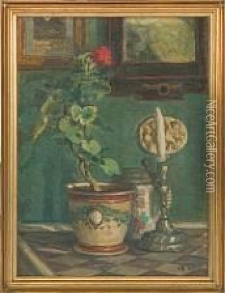 Still Life With A Plant, A Candlestick And A Jug On A Table Oil Painting - Vilhelmine Maria Bang