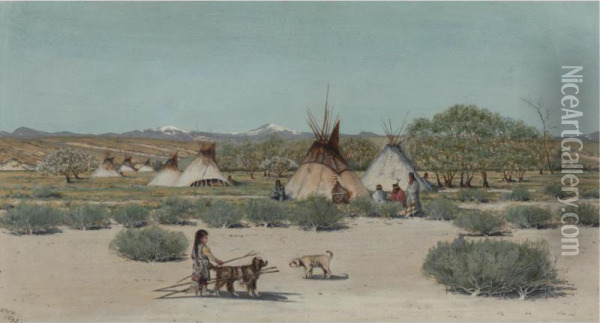 The Young Dog Trainer, Sioux Indian Encampment Oil Painting - Dwight W. Huntington