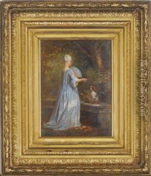 Lady In A Park With A King Charles Spaniel Oil Painting - Antony Serres