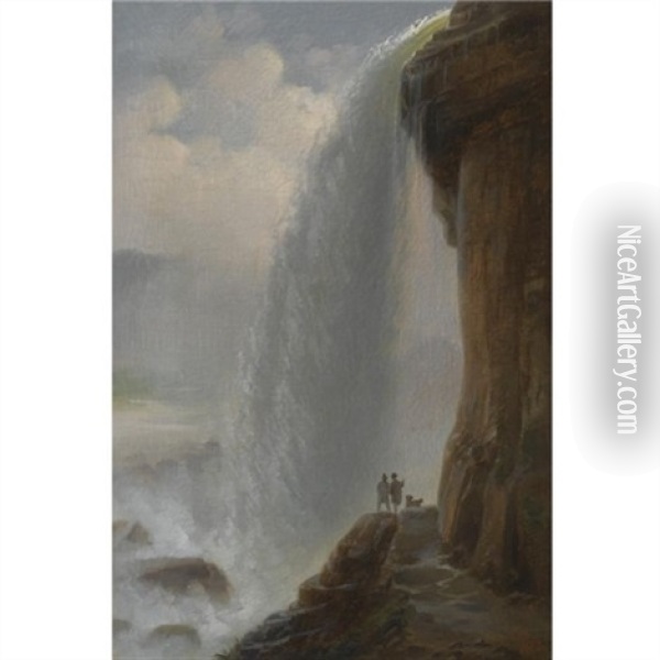 To Maend Med En Hund Ved Niagra Vandfaldet (two Men With A Dog By Niagara Falls) Oil Painting - Ferdinand Richardt