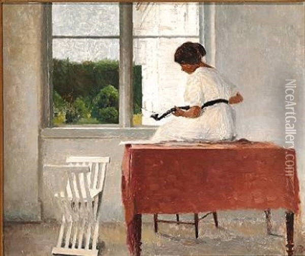 Interior With A Woman In A White Dress Sitting On A Table With A Red Tablecloth Playing The Mandolin Oil Painting - Peter Vilhelm Ilsted
