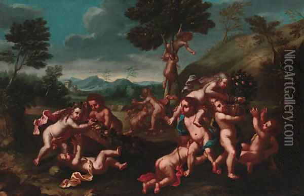 Putti desporting in a landscape Oil Painting - Domenico Piola