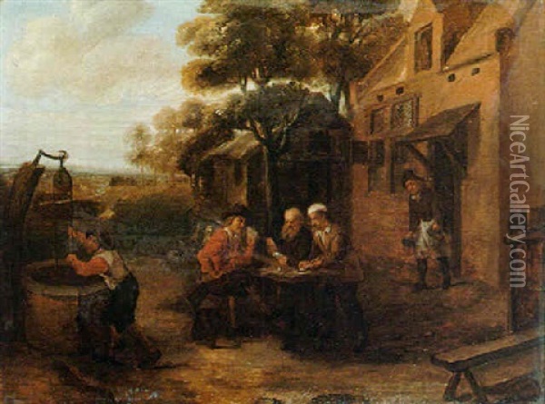 Peasants Playing Cards Outside An Inn Oil Painting - Thomas Van Apshoven