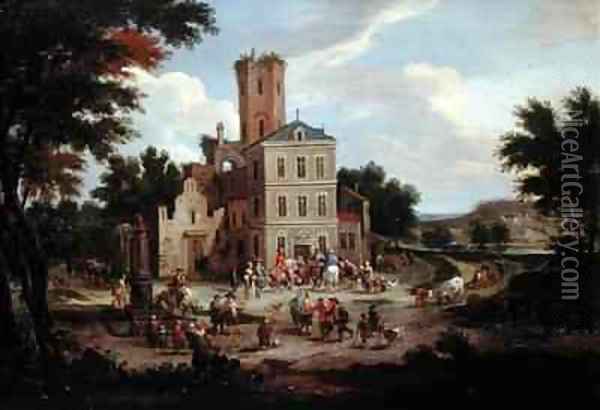 Townsfolk Gathering Outside a Public Building Oil Painting - Boudewyns