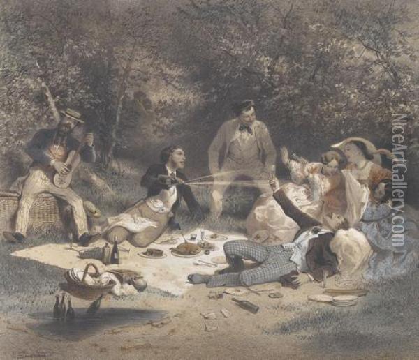 Das Picknick Im Freien Oil Painting - Eugene Charles Fr. Guerard