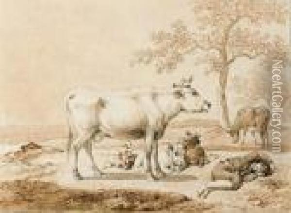 Landschaft Mit Vier Weidenden Rindern Und Einem Am Boden Liegenden Hirten. Oil Painting - Johann Christian Klengel