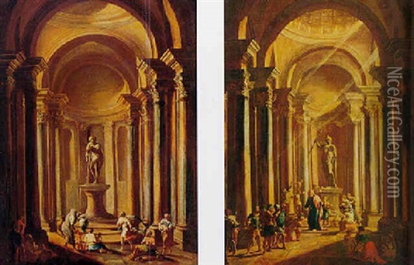 Architectual Capriccio With Worshippers Before Statue Of Mars Oil Painting - Alberto Carlieri