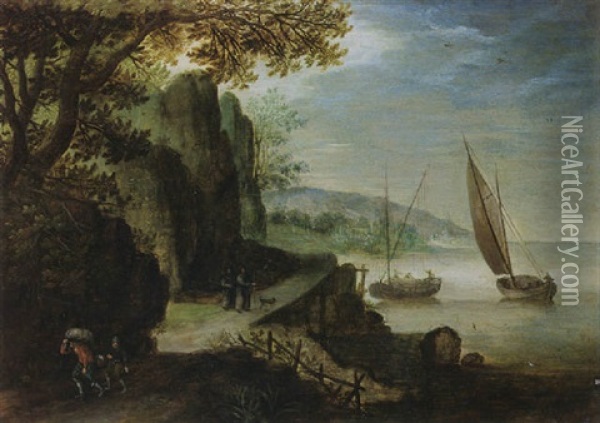 A River Landscape With Travellers On A Path And Two Monks With A Dog In The Background, Sailing Vessels Near Coast Oil Painting - Jan Brueghel the Elder