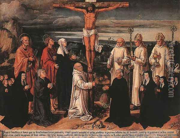 Christ on the Cross with Carthusian Saints 1535 Oil Painting - Anton Woensam Von Worms