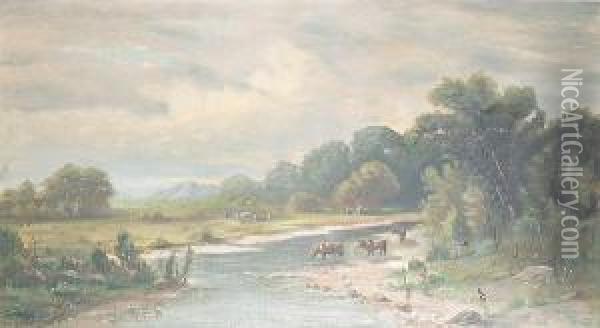 A California Landscape With Cattle Watering In A Stream Oil Painting - J. Walcom