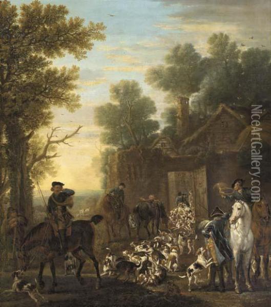 A Hunting Scene Showing The Release Of The Hounds, In A Woodedlandscape Oil Painting - John Wootton